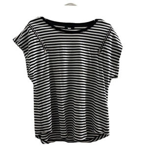 DKNY Black and White Striped Women's Top with zippered shoulder size Large